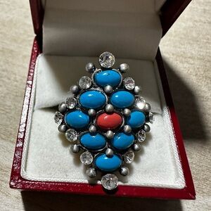 Blue and Red Cluster Ring with Ornate Design